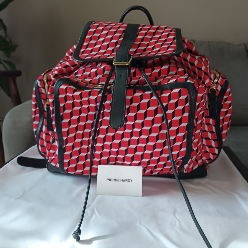 Pierre Hardy Red Black Geometric Canvas Backpack